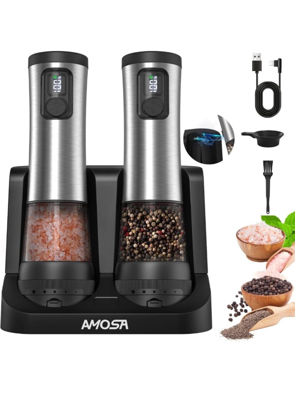 Rechargeable Electric Salt & Pepper Grinder Set with Battery Display
